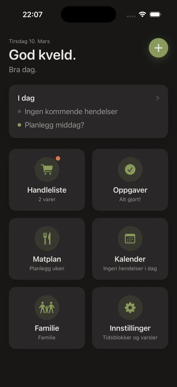 Mikromål hjemmeskjerm med dagens oppgaver, middagsplan og kommende hendelser